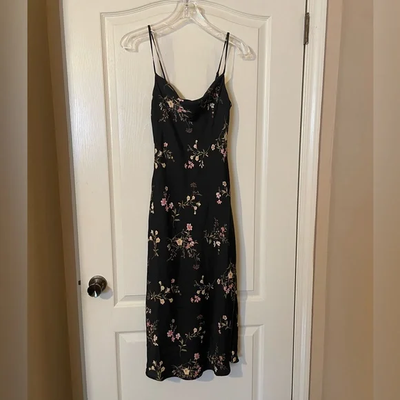90s Y2k Women’s Black Floral Satin  Coquette Whimsigoth Midi Slip Dress XXS NWT - Picture 5 of 11